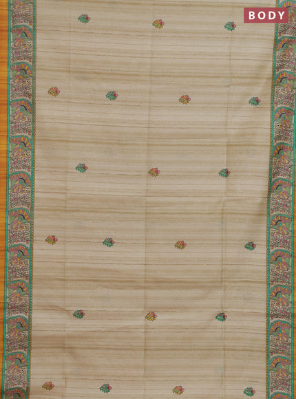 Semi tussar saree mustard yellow and cream with allover butta prints and madhubani printed pallu & border