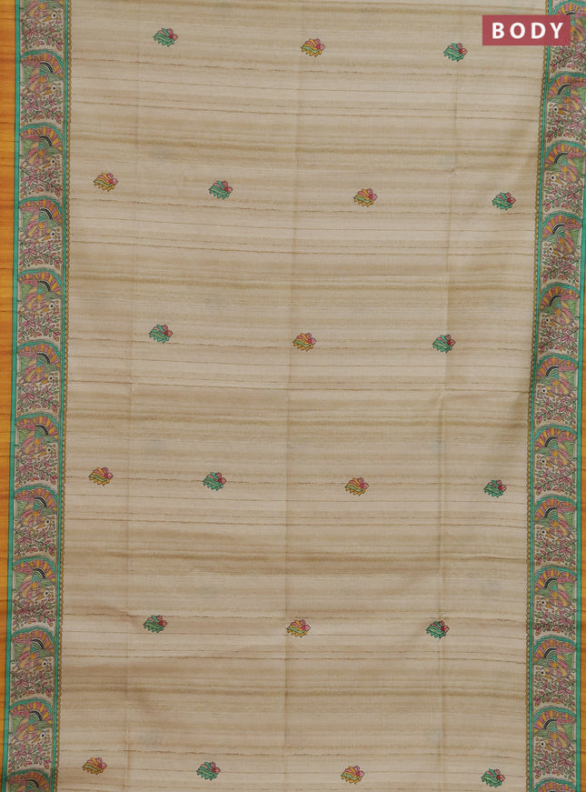 Semi tussar saree mustard yellow and cream with allover butta prints and madhubani printed pallu & border