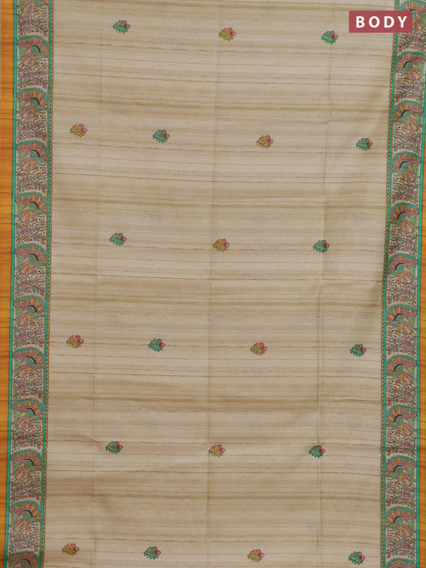 Semi tussar saree mustard yellow and cream with allover butta prints and madhubani printed pallu & border