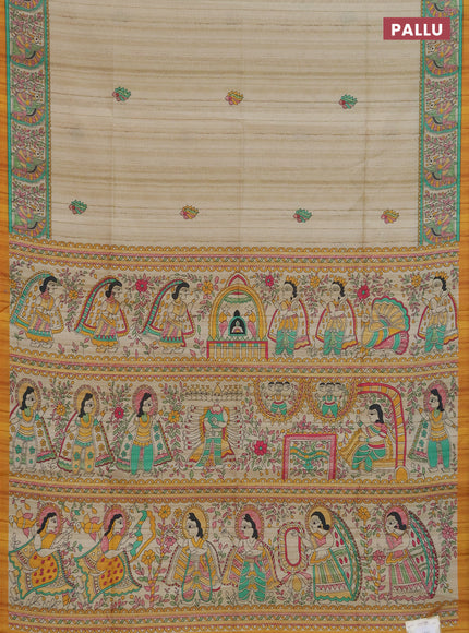 Semi tussar saree mustard yellow and cream with allover butta prints and madhubani printed pallu & border