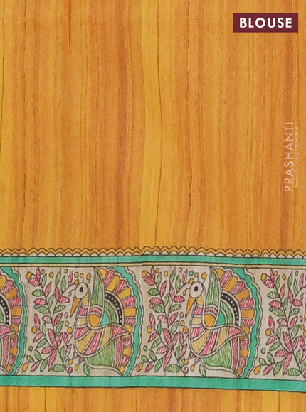 Semi tussar saree mustard yellow and cream with allover butta prints and madhubani printed pallu & border