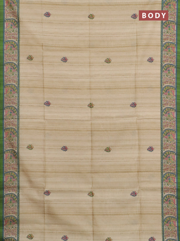 Semi tussar saree light green and cream with allover butta prints and madhubani printed pallu & border
