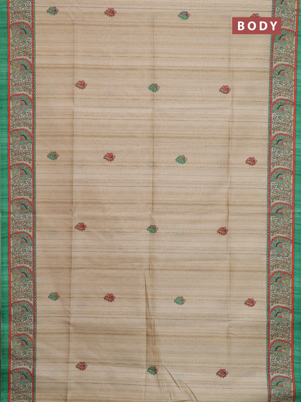 Semi tussar saree green and cream with allover butta prints and madhubani printed pallu & border