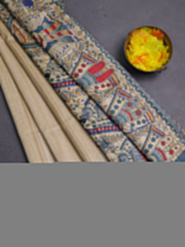 Semi tussar saree cream and bluish grey with allover butta prints and madhubani printed pallu & border