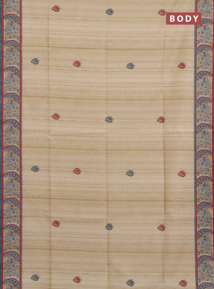 Semi tussar saree cream and bluish grey with allover butta prints and madhubani printed pallu & border