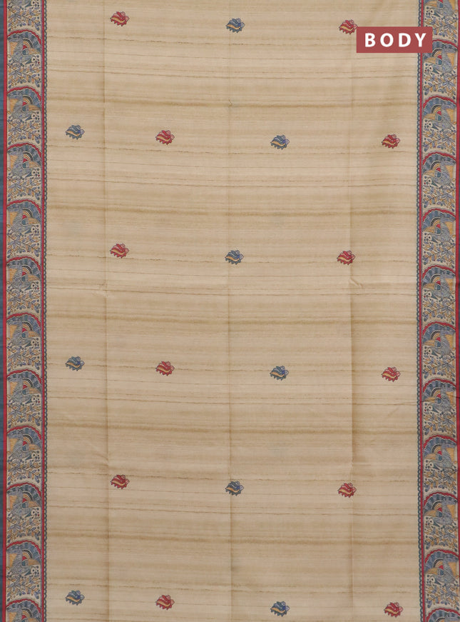 Semi tussar saree cream and bluish grey with allover butta prints and madhubani printed pallu & border