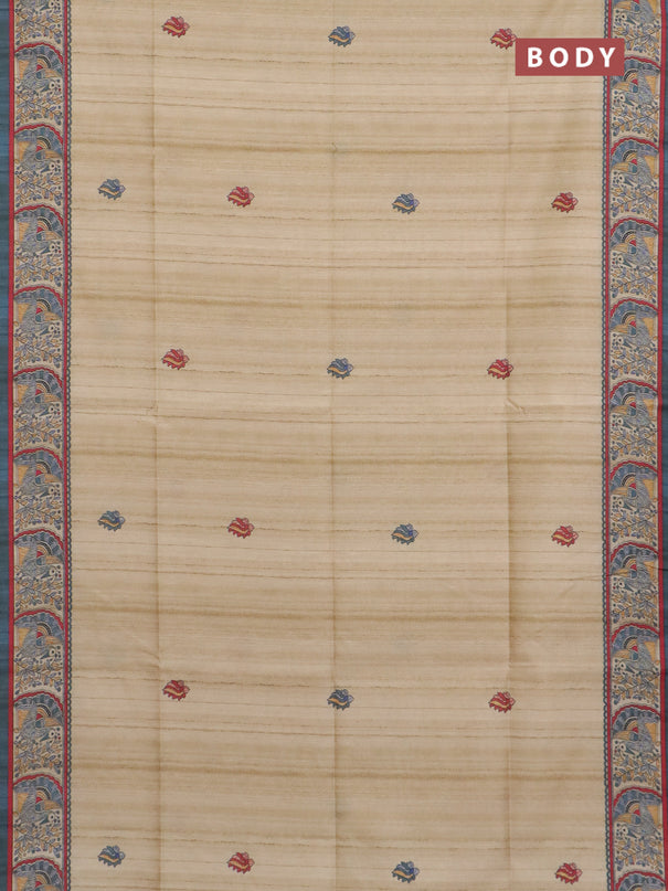 Semi tussar saree cream and bluish grey with allover butta prints and madhubani printed pallu & border