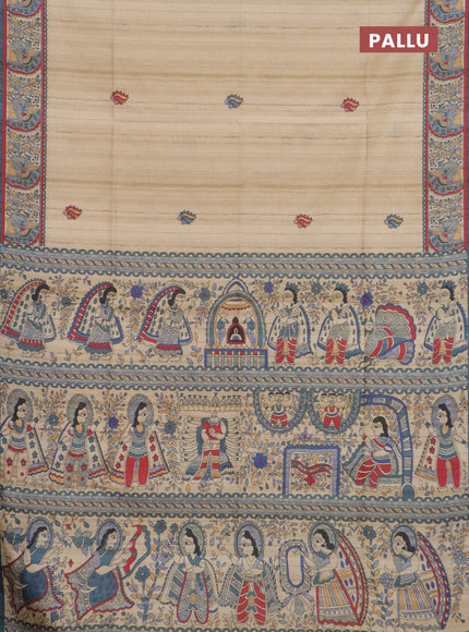 Semi tussar saree cream and bluish grey with allover butta prints and madhubani printed pallu & border