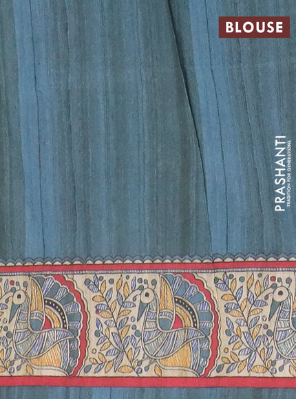 Semi tussar saree cream and bluish grey with allover butta prints and madhubani printed pallu & border