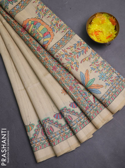 Semi tussar saree beige and cream with butta prints and madhubani printed pallu & border