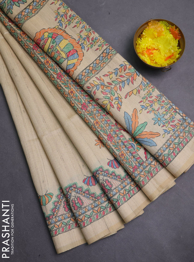Semi tussar saree beige and cream with butta prints and madhubani printed pallu & border