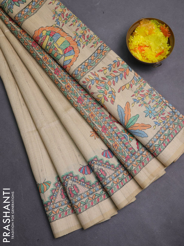 Semi tussar saree beige and cream with butta prints and madhubani printed pallu & border