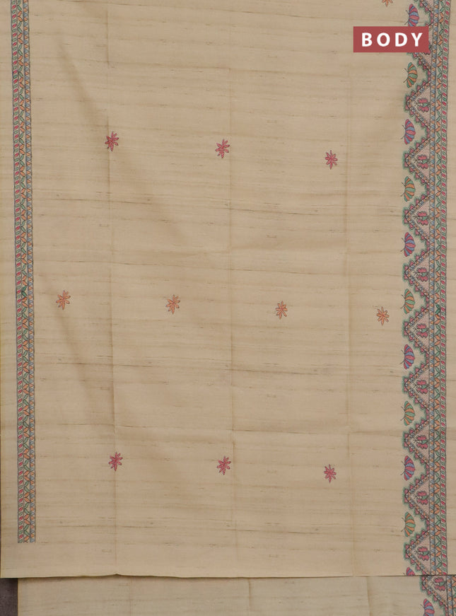 Semi tussar saree beige and cream with butta prints and madhubani printed pallu & border