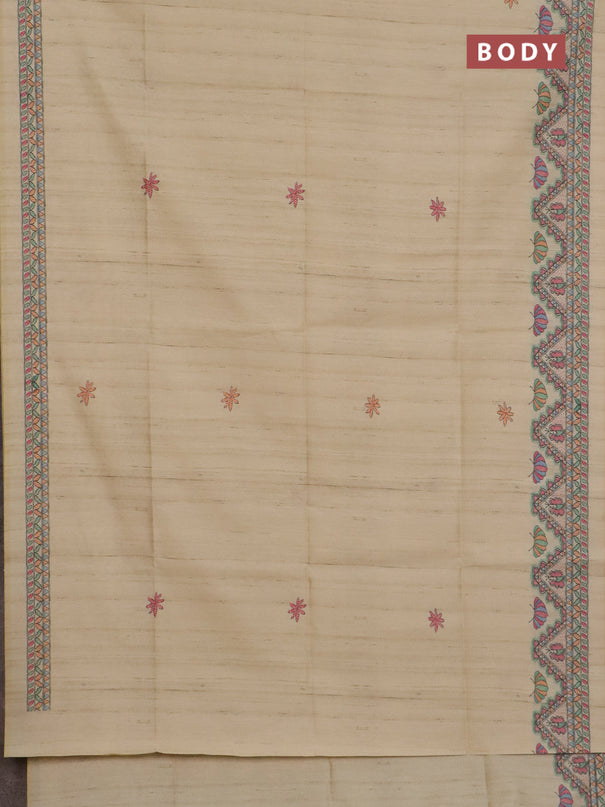 Semi tussar saree beige and cream with butta prints and madhubani printed pallu & border