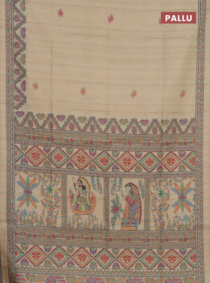 Semi tussar saree beige and cream with butta prints and madhubani printed pallu & border