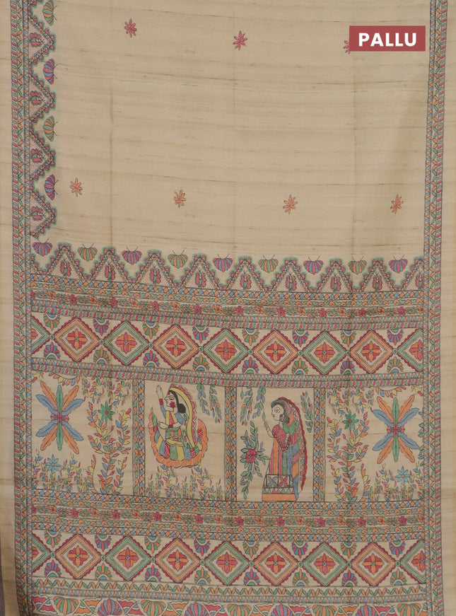 Semi tussar saree beige and cream with butta prints and madhubani printed pallu & border