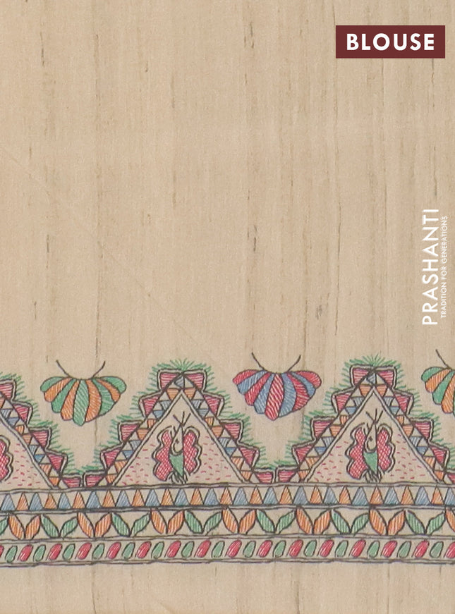 Semi tussar saree beige and cream with butta prints and madhubani printed pallu & border