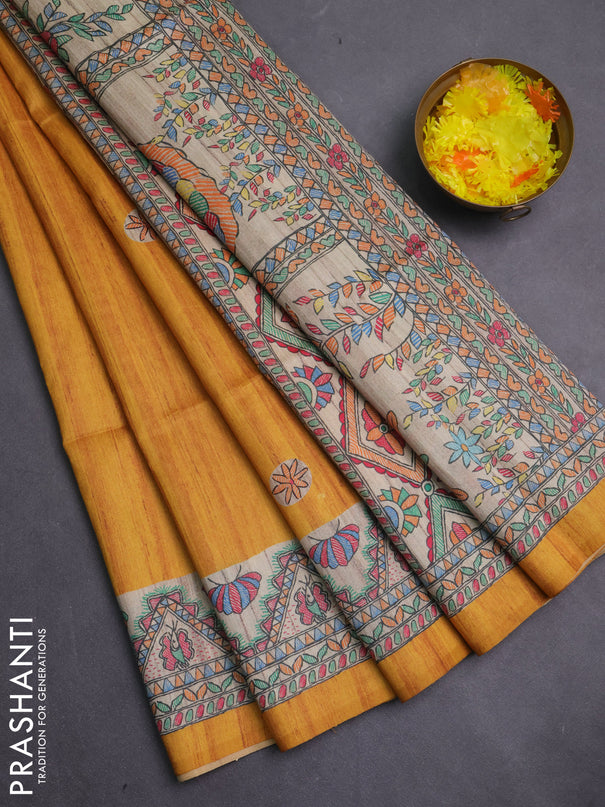 Semi tussar saree mustard yellow and cream with butta prints and madhubani printed pallu & border