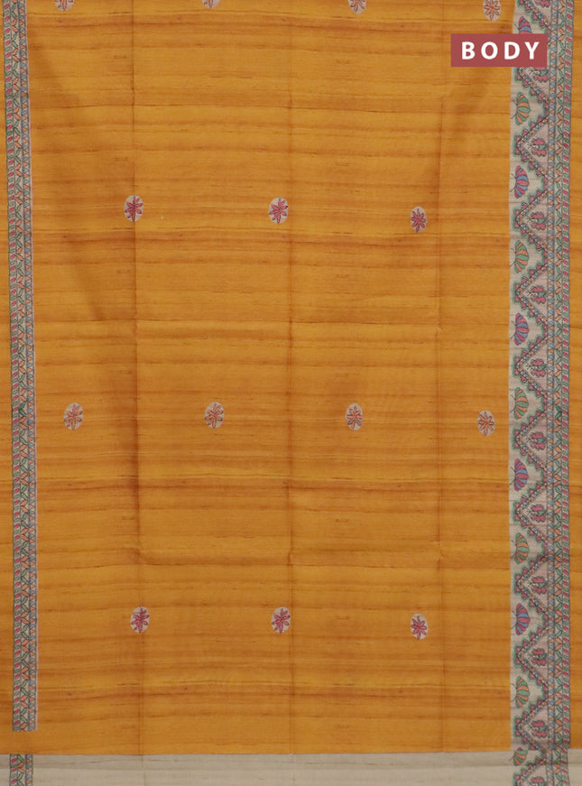 Semi tussar saree mustard yellow and cream with butta prints and madhubani printed pallu & border