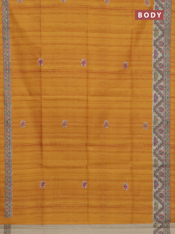 Semi tussar saree mustard yellow and cream with butta prints and madhubani printed pallu & border