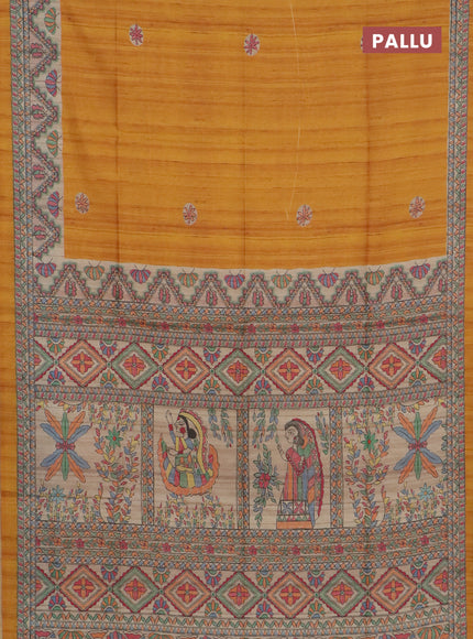 Semi tussar saree mustard yellow and cream with butta prints and madhubani printed pallu & border