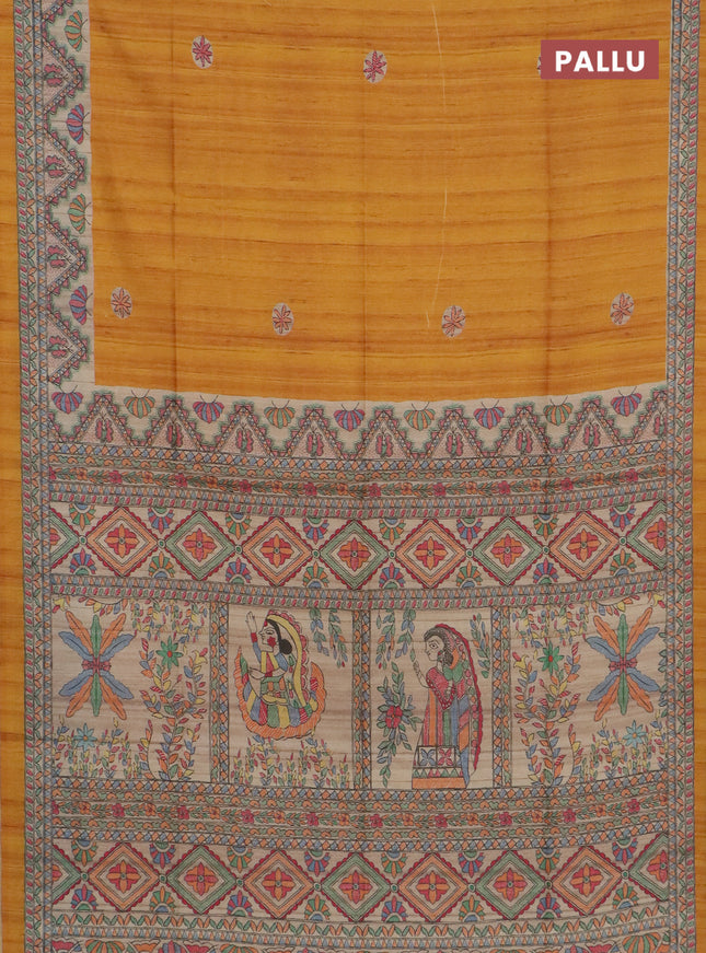 Semi tussar saree mustard yellow and cream with butta prints and madhubani printed pallu & border