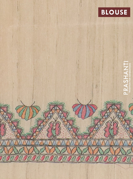 Semi tussar saree mustard yellow and cream with butta prints and madhubani printed pallu & border