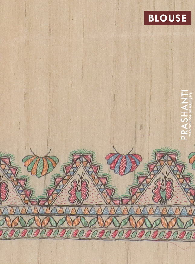 Semi tussar saree mustard yellow and cream with butta prints and madhubani printed pallu & border