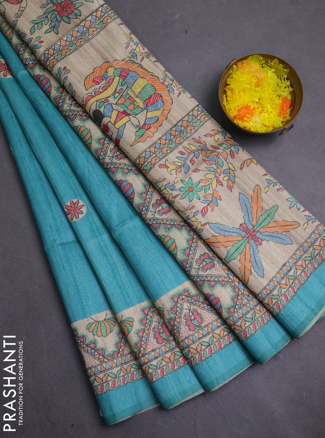 Semi tussar saree teal green and cream with butta prints and madhubani printed pallu & border