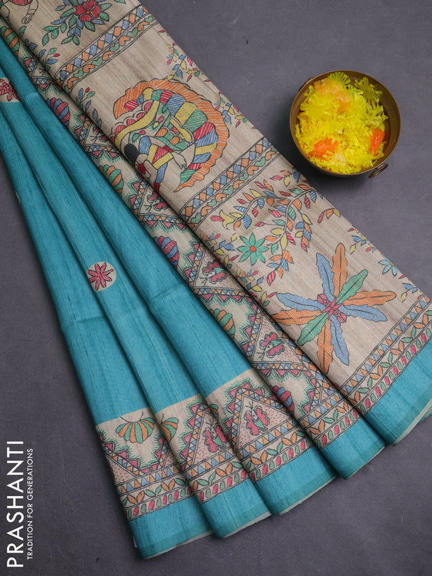 Semi tussar saree teal green and cream with butta prints and madhubani printed pallu & border