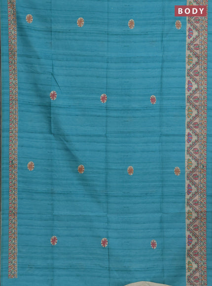 Semi tussar saree teal green and cream with butta prints and madhubani printed pallu & border