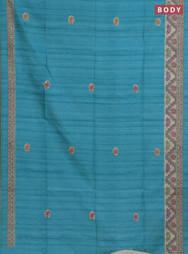 Semi tussar saree teal green and cream with butta prints and madhubani printed pallu & border