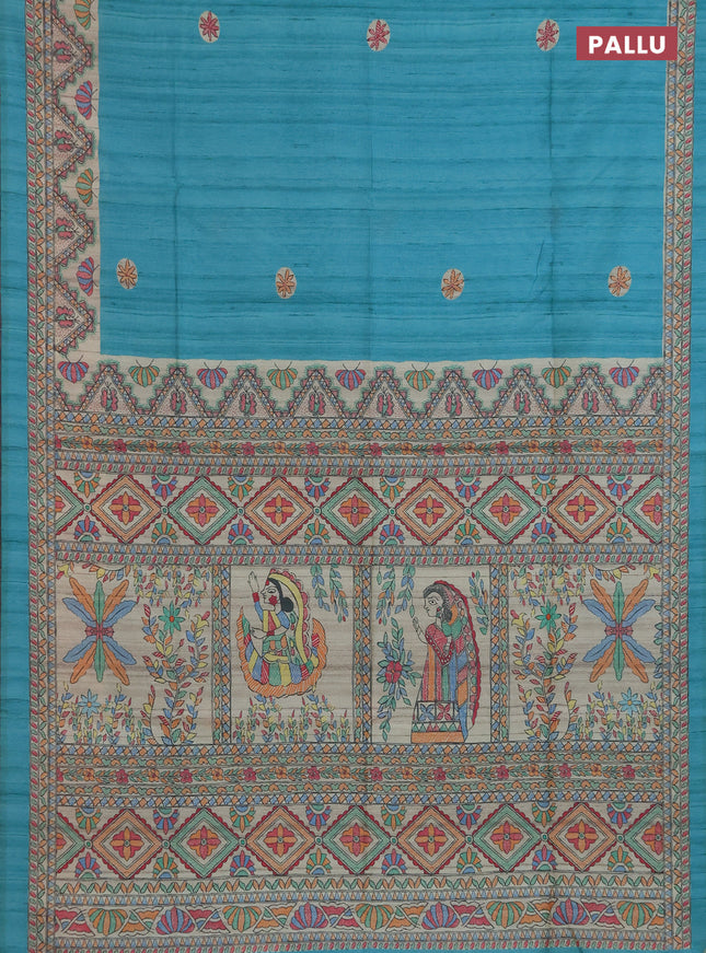 Semi tussar saree teal green and cream with butta prints and madhubani printed pallu & border
