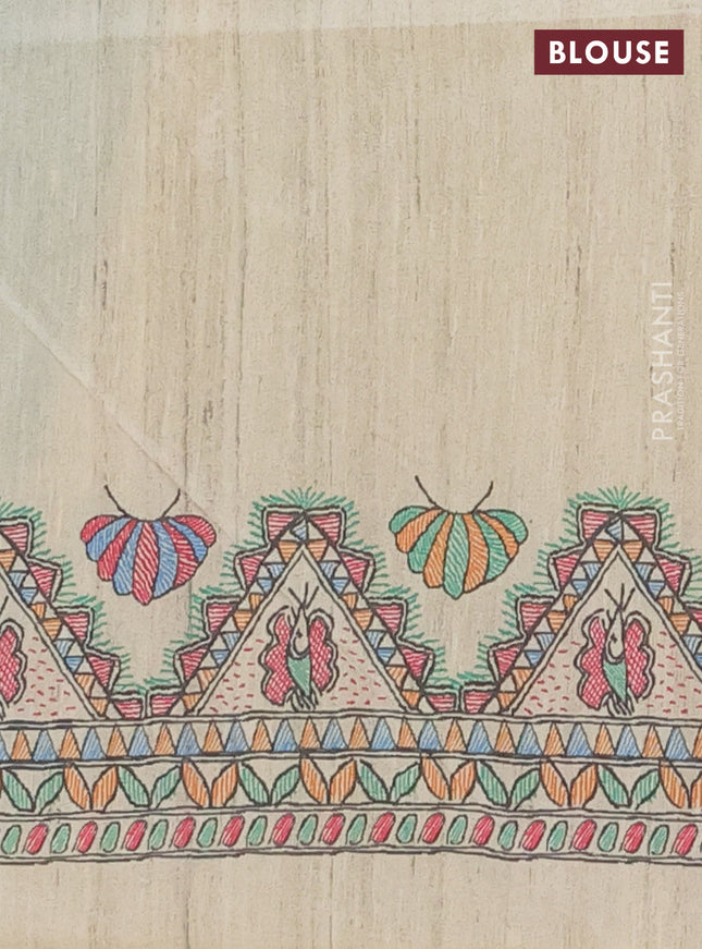 Semi tussar saree teal green and cream with butta prints and madhubani printed pallu & border