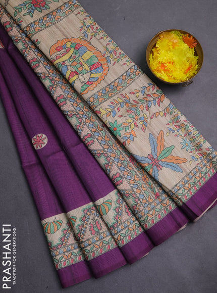 Semi tussar saree purple and cream with butta prints and madhubani printed pallu & border