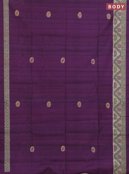 Semi tussar saree purple and cream with butta prints and madhubani printed pallu & border