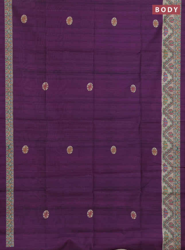 Semi tussar saree purple and cream with butta prints and madhubani printed pallu & border