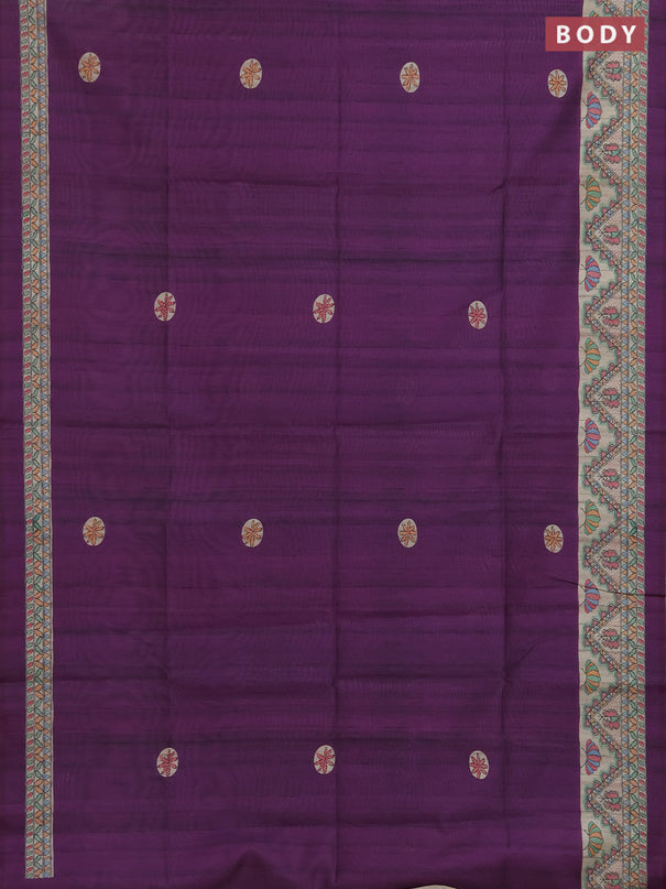 Semi tussar saree purple and cream with butta prints and madhubani printed pallu & border