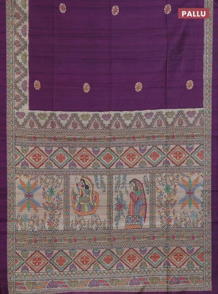 Semi tussar saree purple and cream with butta prints and madhubani printed pallu & border