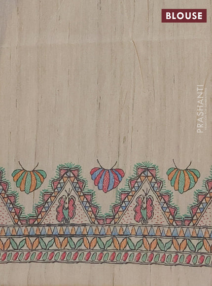 Semi tussar saree purple and cream with butta prints and madhubani printed pallu & border