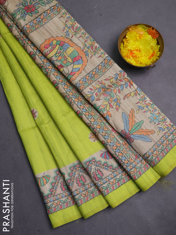 Semi tussar saree fluorescent green and cream with butta prints and madhubani printed pallu & border