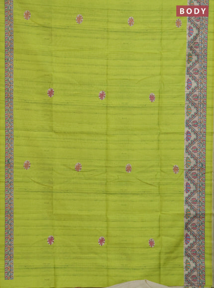 Semi tussar saree fluorescent green and cream with butta prints and madhubani printed pallu & border