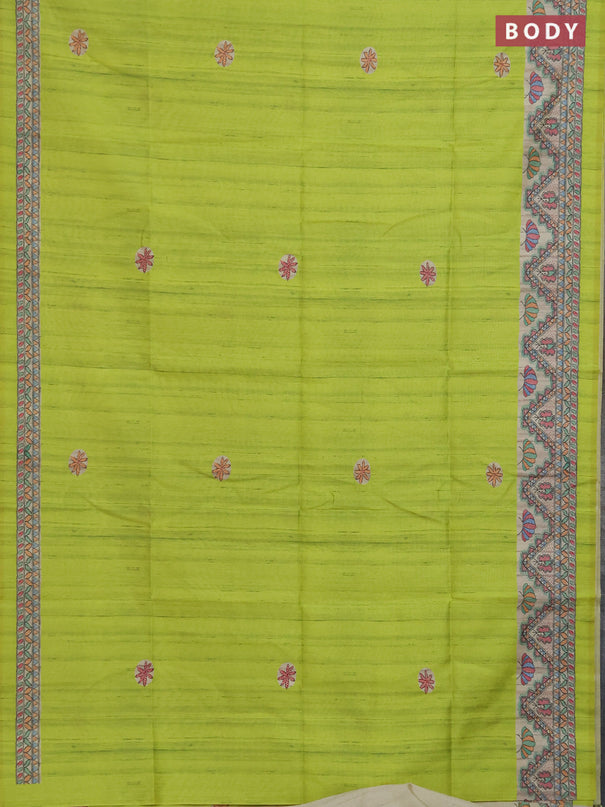 Semi tussar saree fluorescent green and cream with butta prints and madhubani printed pallu & border