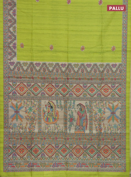 Semi tussar saree fluorescent green and cream with butta prints and madhubani printed pallu & border