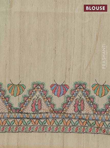 Semi tussar saree fluorescent green and cream with butta prints and madhubani printed pallu & border
