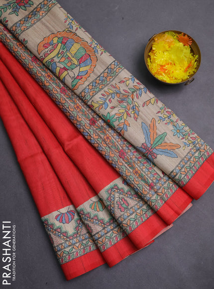 Semi tussar saree red and cream with butta prints and madhubani printed pallu & border