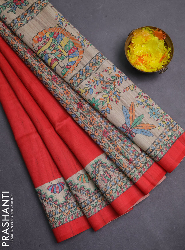 Semi tussar saree red and cream with butta prints and madhubani printed pallu & border