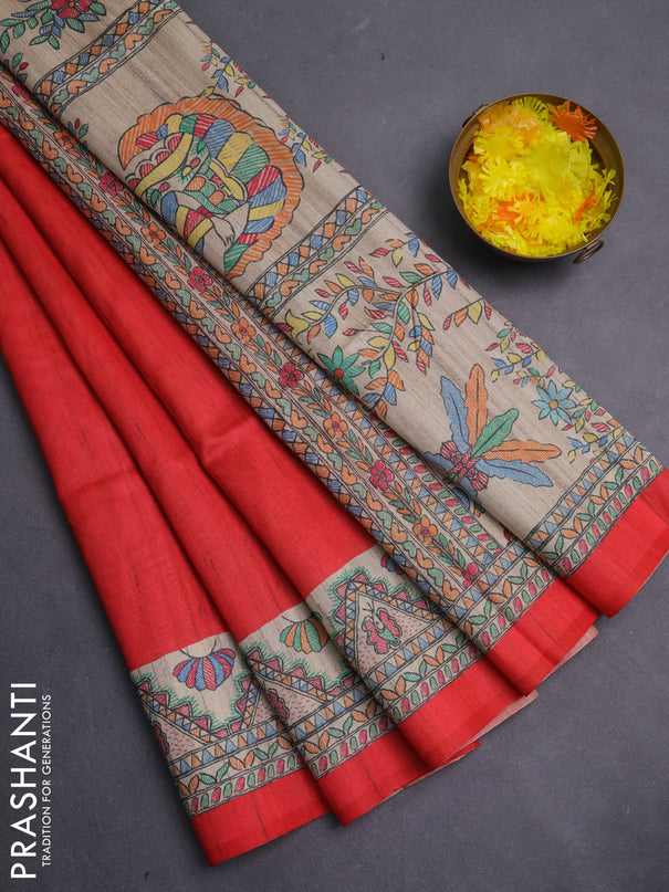 Semi tussar saree red and cream with butta prints and madhubani printed pallu & border