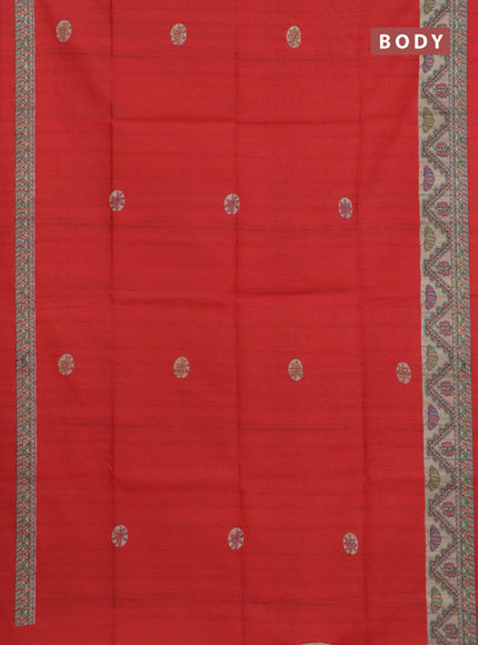 Semi tussar saree red and cream with butta prints and madhubani printed pallu & border