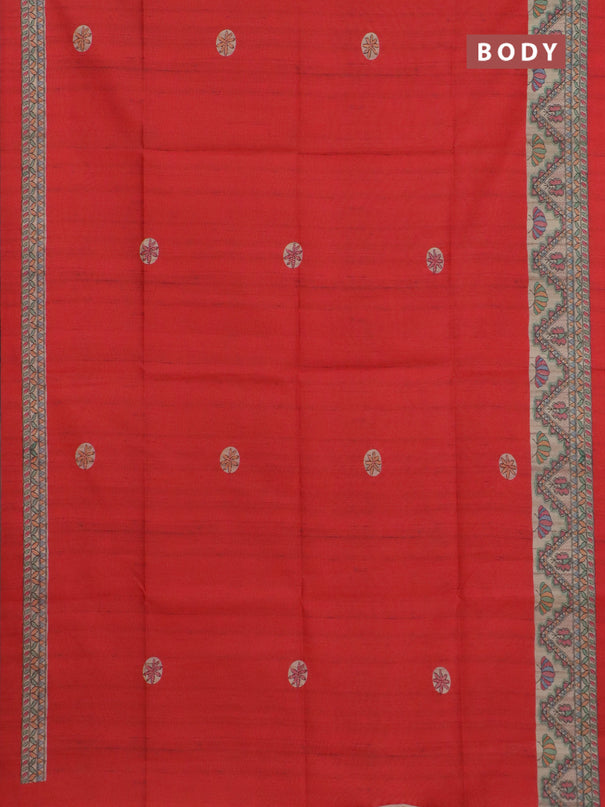 Semi tussar saree red and cream with butta prints and madhubani printed pallu & border